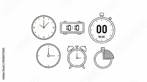 Collection of Six Different Types of Clocks and Timekeeping Devices.