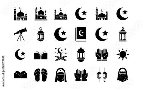 Islamic Ramadan Kareem and Eid Mubarak Black Silhouette Icon Collection