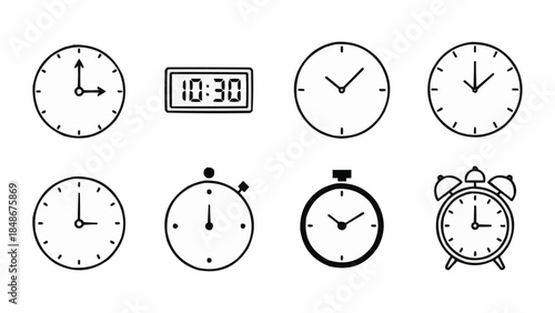 Collection of Various Clock Icons and Timekeeping Devices.