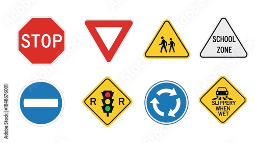 Collection of common road and traffic signs displayed on a white background