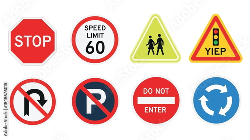 A collection of various road signs including stop speed limit and parking notices