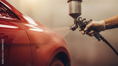 Person in a workshop spray painting a car with a spray gun carefully