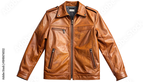 A flat-lay photograph showcases a stylish, tan-colored leather jacket with a zipper, pockets, and a neat collar, set against a black backdrop