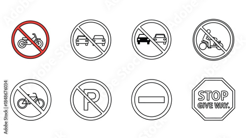 Collection of various road signs including prohibitions and regulations