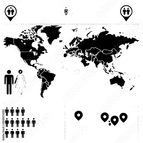 The picture is a graphic representation of a world map with population-related icons. 