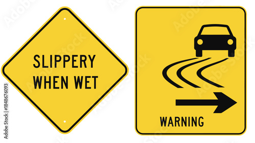 Caution Slippery when wet road sign with vehicle skidding warning