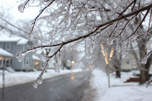Frozen Tree Branches with Ice Glaze Against a Snowy Residential Streetscape in Winter Outdoor Scenic View
