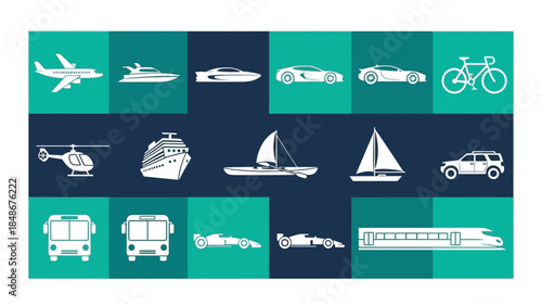 Various modes of transportation depicted in a colorful graphic illustration