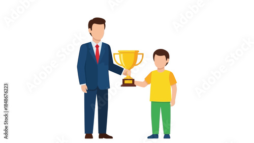 A man in a suit presenting a golden trophy to a young boy