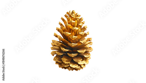 A golden, decorative pine cone isolated against a solid black backdrop. The texture and detail are highly visible, creating a striking contrast