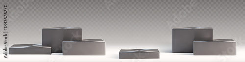 3D set of square metal podiums isolated on transparent background. Vector realistic illustration of silver product presentation pedestals, award ceremony stands, steel stage with different levels