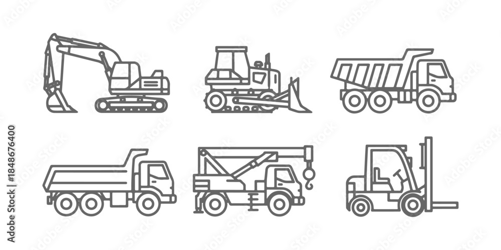 Fototapeta premium CAD Drawings. Side view set of construction and utility vehicles including excavator, bulldozer, dump truck, crane truck, and forklift isolated on white background. Vector illustration.