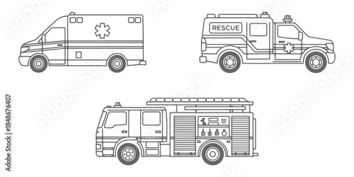 CAD Drawings. Side view set of emergency vehicles including ambulance, fire truck and rescue vehicle isolated on white background. Vector illustration.