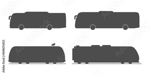 CAD Drawings. Side view set of public transport vehicles silhouette including city bus, coach bus, tram, and metro train isolated on white background. Vector illustration.