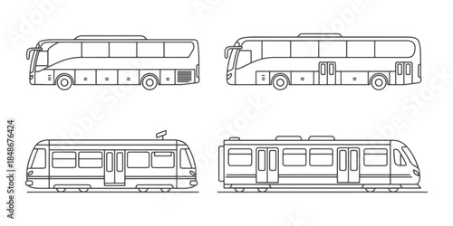 CAD Drawings. Side view set of public transport vehicles including city bus, coach bus, tram, and metro train isolated on white background. Vector illustration.