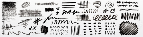 Scribble doodle set with ink pen strokes and crayon textures - hand drawn pencil lines, brush marks and rough sketches. Vector grunge scribbles with abstract squiggly shapes and charcoal effects.