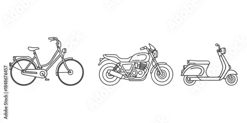 CAD Drawings. Side view set of two-wheel transport including bicycle, motorcycle, and scooter isolated on white background. Vector illustration.