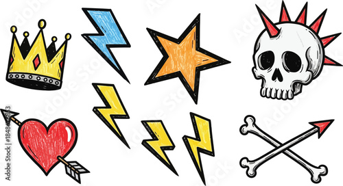 Vintage 80s-90s Rock And Roll Fashion Cartoon Illustration Set Suitable for Badges, Pins, Sticker, Patches, Fabric, Denim, Embroidery and Other Fashion Related