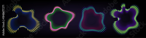 Sound wave ripple effect with concentric circular lines radiating outward. Neon gradient rays in dynamic signal pattern with vibrant radial geometry. Modern vector audio, music or speaker design.