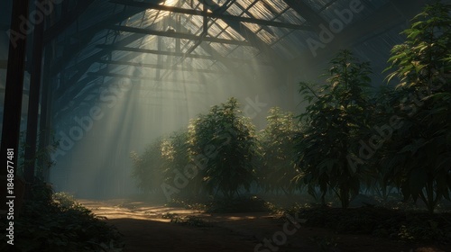 Sunlit Greenhouse Interior with Rows of Green Plants and Metal Structure in a Misty Atmosphere