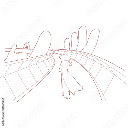 vietnamese woman in ao dai walking on a curved bridge with giant hand structures