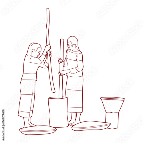 vietnamese ethnic using long pestles to pound food in a large mortar