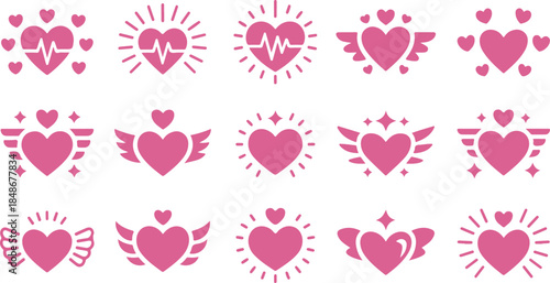 Pink Heart Vector Icon Set with Romantic EKG Wings and Sunburst Valentine Decorative Elements