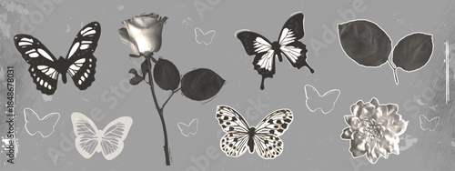 Photocopy butterfly and flowers collage with vintage grunge retro y2k elements on textured poster background. Black and white silhouettes of rose, dahlia blooms and insects in distressed art style.