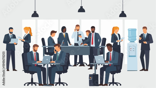 Business professionals collaborating around a conference table with laptops in a modern office setting