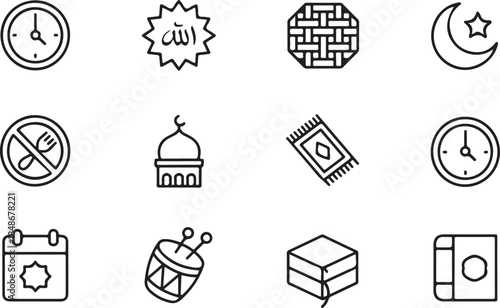 Islamic Ramadan Kareem Line Icon Set featuring Mosque Prayer Rug and Arabic Cultural Symbols