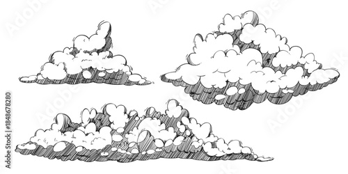 Hand drawn sketch clouds isolated on white background. Vector illustration of cloudy sky drawing, weather forecast or climate change presentation design elements, line art cloudscape, dream symbol