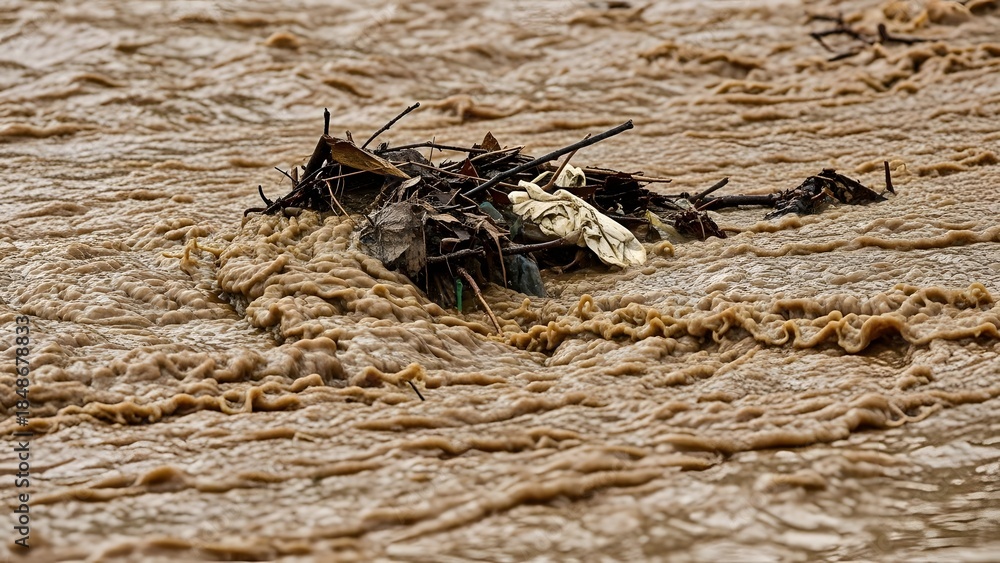 Fototapeta premium Muddy River Carcass Drifting With Debris.