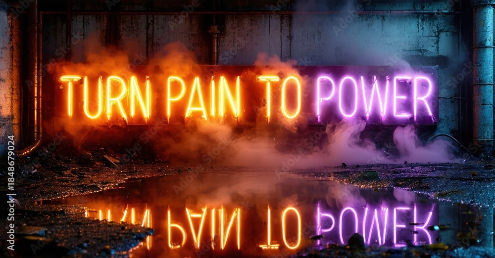 Naklejka premium Neon sign displays motivational phrase. Reflections visible on wet surface. Dark, gritty industrial setting creates dramatic effect.