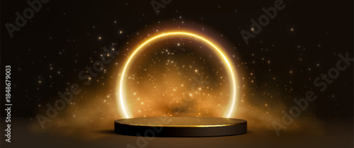 Black podium with golden light circle and sparkling particles on dark background. Luxury stage platform with glowing arch, shimmering stars and elegant award ceremony or product presentation.