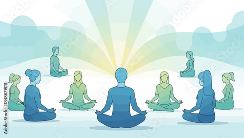 meditation circle with diverse individuals practicing mindfulness in a serene outdoor setting
