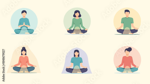 Meditation and mindfulness practice illustration showing diverse people practicing yoga and zen