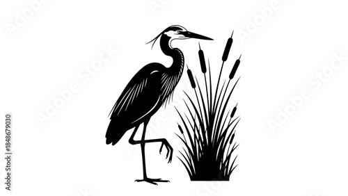 Minimalist Black and White Illustration of a Heron Standing Near Reeds