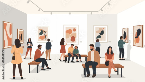 Modern art gallery scene depicting diverse visitors engaging with abstract paintings in a