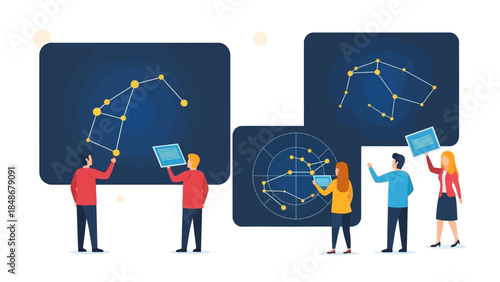 Modern celestial mapping and star constellation analysis involving diverse individuals