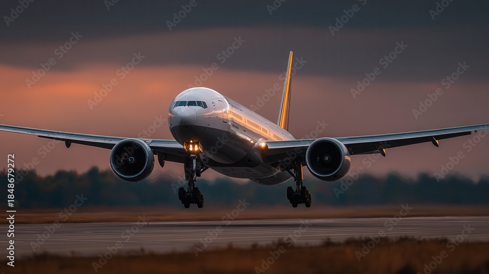 Naklejka premium airplane on the runway at sunset