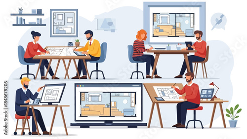 Modern digital art showcasing creative professionals collaborating in a vibrant office environment