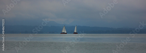 the germany chiemsee lake with boats panorama
