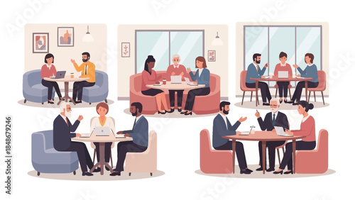 Multiple groups of people engaging in conversations and activities in a modern indoor setting