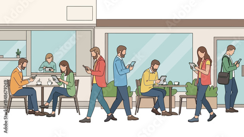 Modern indoor caf? scene with diverse customers engaged with personal devices and casual social