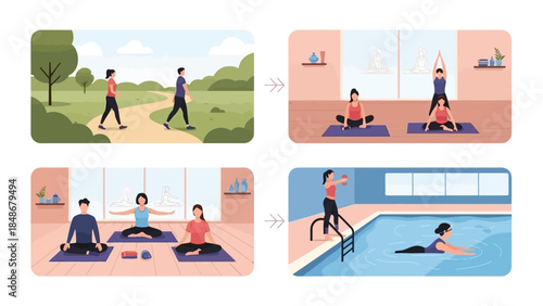 people practicing outdoor and indoor yoga routines with swimming activity in pool for wellness and