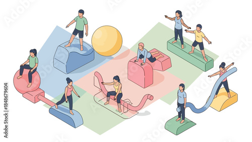 Playful Scene of Children Engaging with Creative Balance and Movement Elements in a Colorful