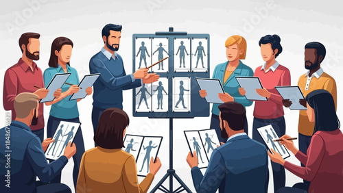 Professional anatomy training session with diverse participants and digital illustrations