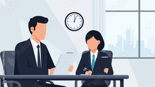 Professional business meeting between two colleagues in modern office environment during daytime