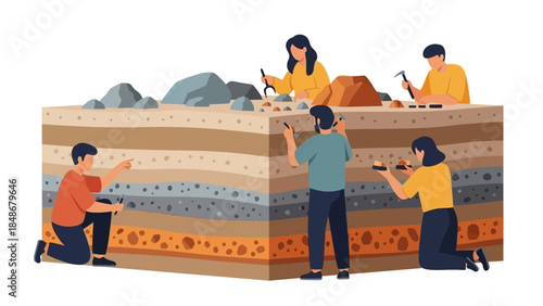 People Examining Cross-Sectional Geological Layers Using Mobile Devices in a Display Exhibit