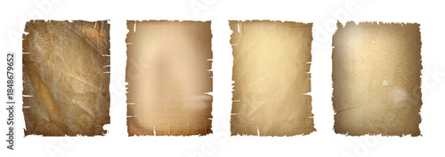 Worn vintage paper textures with torn edges and antique grunge surface. Old parchment sheets with rough borders for retro design. Aged paper backgrounds with shabby beige and brown tones for scrapbook